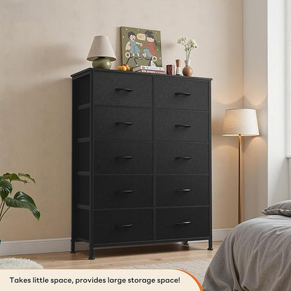 Sweetcrispy 10 Drawer Fabric Dresser Storage Tower with Bins, Tall Chest Organizer for Bedroom Closet Hallway, Steel Frame Wood Top Easy Pull Handles,Black