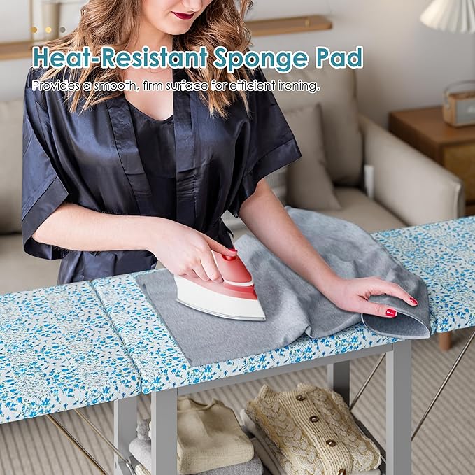 Ironing Board with Storage Cabinet, Folding Ironing Board with Extra Storage, Solid Wood Fold Down Ironing Station with Heat-Resistant Sponge for Small Spaces, Laundry Room (Brown Grey)