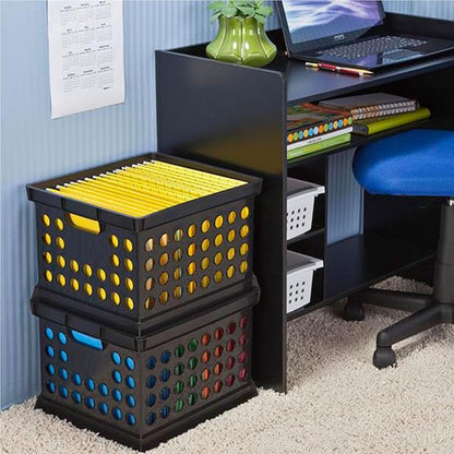 Sterilite Stackable Plastic Storage Crate Bin Organizer File Box with Handles for Home, Office, Dorm, Garage, or Utility Organization, Black, 12-Pack