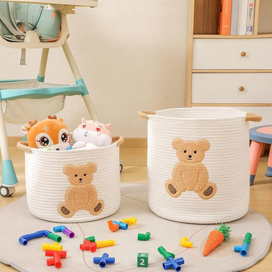 Large Blanket Baskets for Living Room Decor, Toy Storage Baskets Woven Cotton Rope Teddy Storage Basket for Kids, Dog Toys Organizer Clothes Hamper with Embroidery Decor for Nursery (Large, Bear)