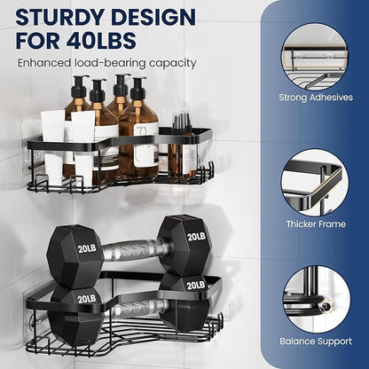 MAXIFFE 3 Pack Corner Shower Caddy with Soap Holder, Large Capacity Sturdy Adhesive Stainless Steel No Drilling Shower Organizer Shelves Rack Storage Inside Shower for Bathroom Family Renters, Black