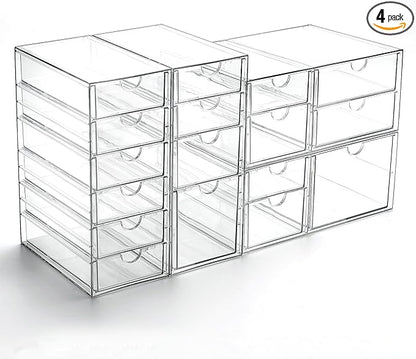 Prsildan Acrylic Drawer Organizer with 17 Drawers, Craft Office Desk Makeup Organizers Accessories, Set of 4 Clear Stackable Storage Drawers for Vanity, Countertop, Jewelry, Art Supply Organization