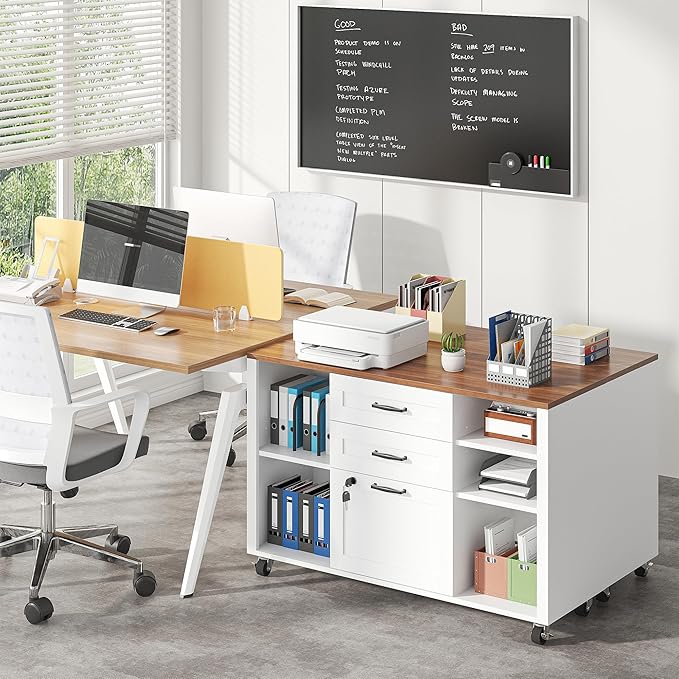 3 Drawer Wood Mobile Large lateral File Cabinet with Lock, Lockable Rolling Filing Cabinet with Open Storage Shelves, Printer Stand Office Storage for Home Office Fits Files Legal/A4, White