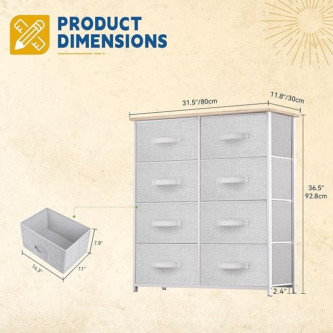 DWVO Fabric Dresser for Bedroom, Tall Dresser with 8 Drawers, Storage Tower with Fabric Bins, Chest of Drawers for Closet & Living Room - Sturdy Steel Frame, Wooden Top