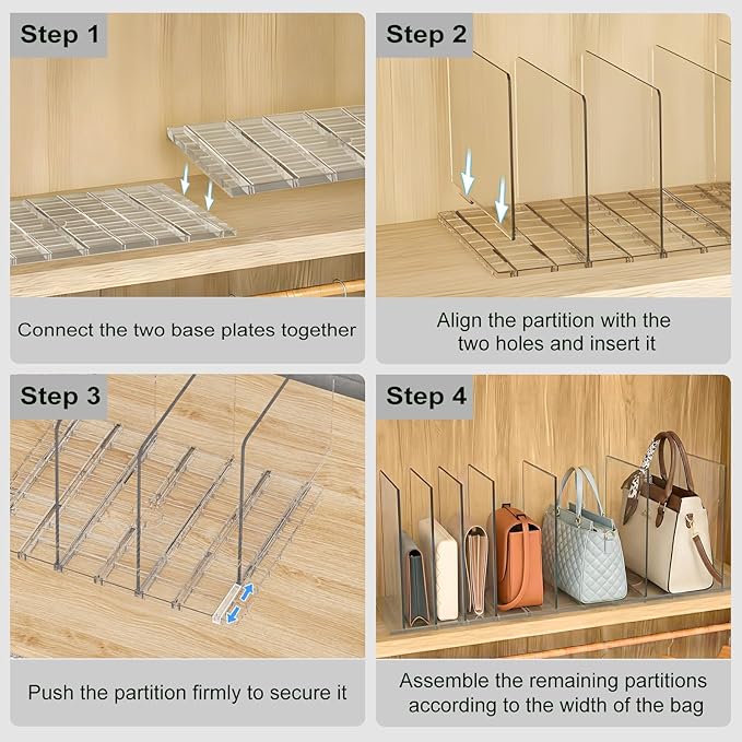 Bag & Purse Organizer for Closet: Adjustable Clear Handbag Storage Shelf - Plastic Clutch Dividers for Closet Organizers and Storage - Keep Carteras & Pocketbook Upright 3 Pack - 11Dividers