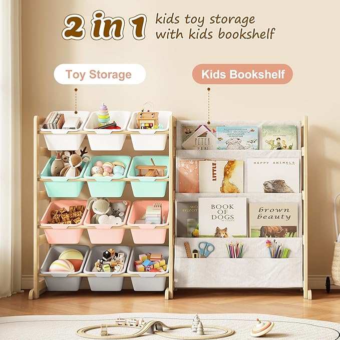 Toy Storage Organizer with Bookshelf - 12 Storage Bins 4-Tier Multipurpose Shelf to Organize Toys and Books for Kids Room, Playroom, Nursery Room, Multi-Color