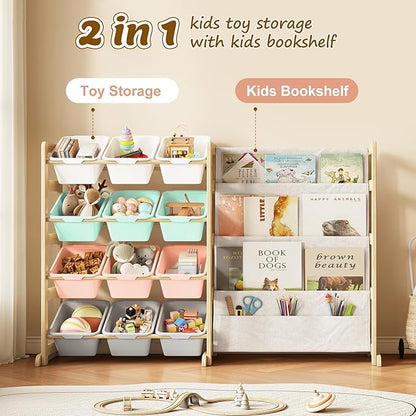 Toy Storage Organizer with Bookshelf - 12 Storage Bins 4-Tier Multipurpose Shelf to Organize Toys and Books for Kids Room, Playroom, Nursery Room, Multi-Color
