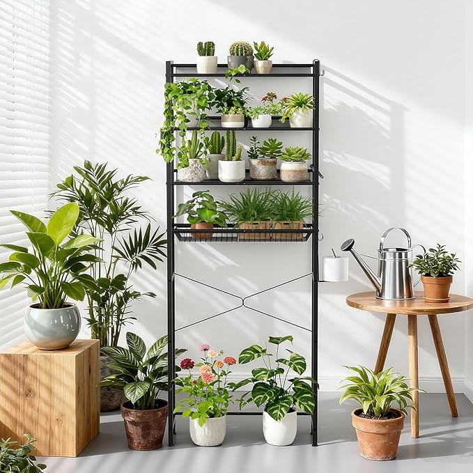 4 Tier Over The Toilet Storage Rack, Bathroom Organizer Shelf Over Toilet with 4 Hook and Roll Holder, Space Save Freestanding Metal Bathroom Shelves