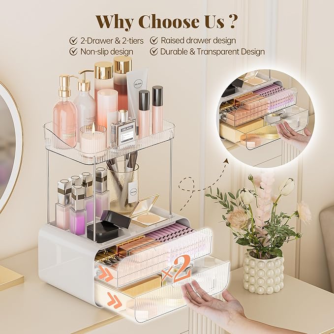 Delamu Bathroom Counter Organizer 2-Drawers 2-Tier Acrylic Makeup Organizer for Vanity Countertop, Skincare Perfume Storage, Easy Assembly, Ideal for Women, Bath Linen Sets, Clear
