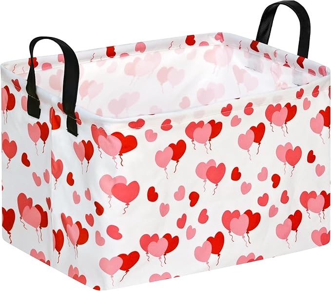 Empty Gift Basket for Girls Heart Print Storage Cube for Women, Closet Shelf Waterproof Organizer Bins with Handles Waterproof Nursery hamper Kids Toys Books Box Room Deco