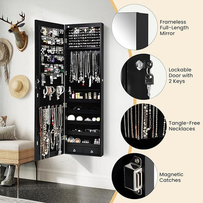 Giantex Wall Door Mounted Jewelry Armoire Cabinet with 47.5" H Full Length Mirror, 2 LEDs Lockable Jewelry Organizer Box with Bracelet Rod, 2 Drawers, Large Storage Capacity (Black)