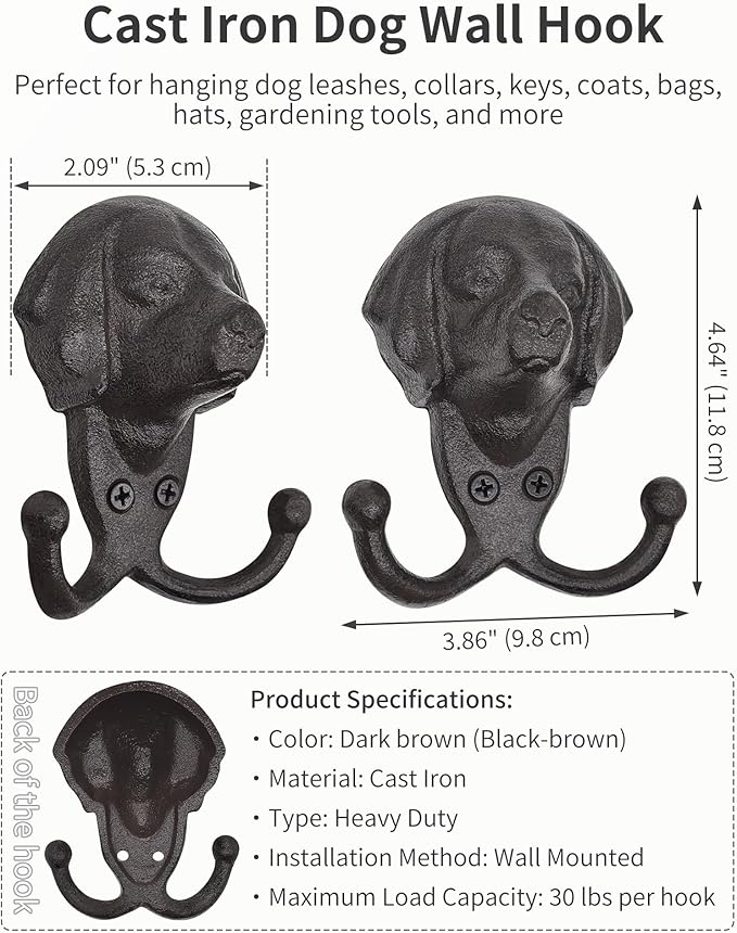 Cast Iron Wall Hooks - Rustic Dog Head Leash Holder, Wall Mount Coat Hooks, Heavy Duty Double Key Hook, Decorative Vintage Hanger for Entryway, Mudroom, Farmhouse Animal Decor 1 Pack