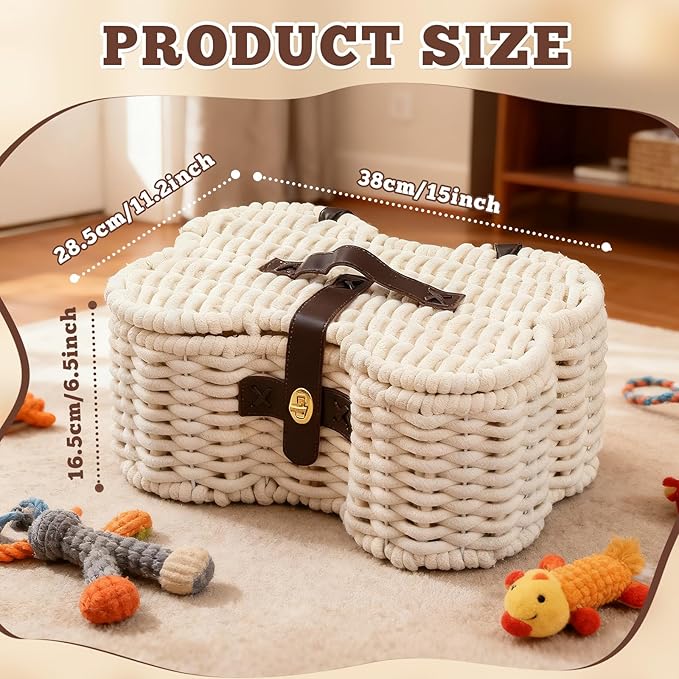 Cotton Rope Basket for Pet Toys, Bone Shaped Pet Toys Organizer, Handmade Dog Toy Bin, Woven Baskets for Storage,14.96 x 11.22 x 6.5 inch