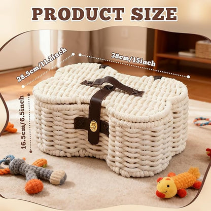Cotton Rope Basket for Pet Toys, Bone Shaped Pet Toys Organizer, Handmade Dog Toy Bin, Woven Baskets for Storage,14.96 x 11.22 x 6.5 inch