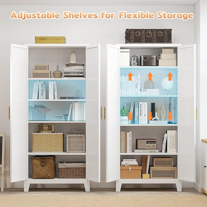 71'' Tall Metal Pantry Cabinet with 2 Doors, Freestanding Kitchen Storage Cabinet with 4 Adjustable Shelves, Steel Cupboard for Kitchen, Pantry, Dining Room, Living Room, Bathroom, White