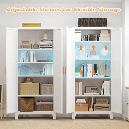 71'' Tall Metal Pantry Cabinet with 2 Doors, Freestanding Kitchen Storage Cabinet with 4 Adjustable Shelves, Steel Cupboard for Kitchen, Pantry, Dining Room, Living Room, Bathroom, White