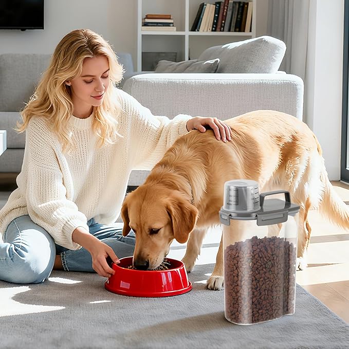 Airtight Small Cat Dog Pet Food Storage Containers BPA Free, with Large Pour Spout/1 Measuring Cup/ 4 Safety Locks and Double-layer Silicone Strip (Olive Gray x 2, 3L-2pack)