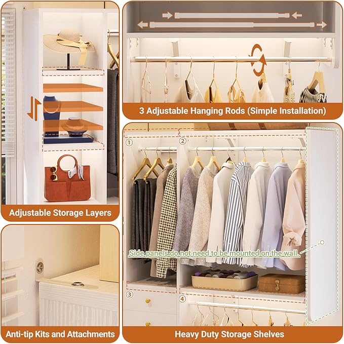 Closet System - 5FT Closet System with Drawers, 60"Closet Organizer System with 2 Hanging Shelving, Reversible Wall-mount Closet Systems for Walk-in Closets Area, White