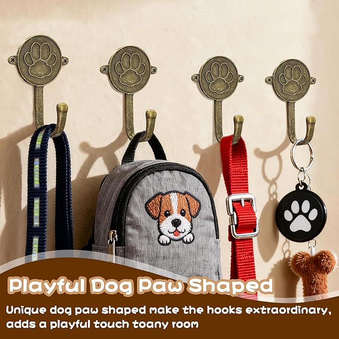 6PC Dog Paw Hooks Wall Mount Pet Leash Hook Cat Leash Holder for Wall Cute Coat Hooks Key Holder for Entryway Hallway Kitchen Office, Great Gift for Dog and Cat Lovers(Antique Brass)