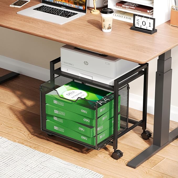 JKsmart Under Desk Storage, Printer Stand with Drawer, Rolling File Cabinet with Adjustable Table Top, 2 Tier Industrial Shelf on Fixed Feet Wheels, Sofa Side Table Organizer for Home, Office, Black
