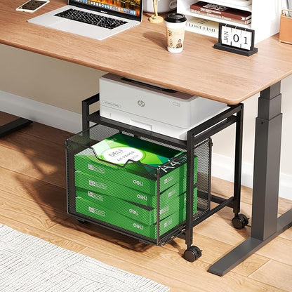 JKsmart Under Desk Storage, Printer Stand with Drawer, Rolling File Cabinet with Adjustable Table Top, 2 Tier Industrial Shelf on Fixed Feet Wheels, Sofa Side Table Organizer for Home, Office, Black