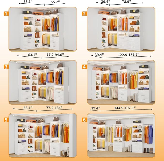 Closet System with 3 Sets, 6.5-16FT Corner Closet Organizer System with 6 Drawers & 11 Shelves & 6 Hanging Rods, Custom L-Shaped Modular Walk-in Closet Organizers and Storage System Corner, White