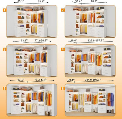 Closet System with 3 Sets, 6.5-16FT Corner Closet Organizer System with 6 Drawers & 11 Shelves & 6 Hanging Rods, Custom L-Shaped Modular Walk-in Closet Organizers and Storage System Corner, White