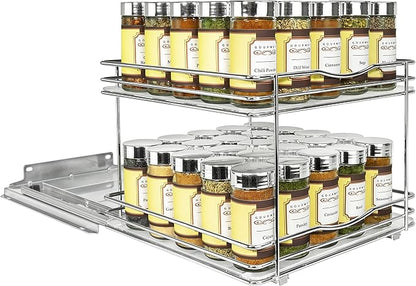 LYNK PROFESSIONAL® Pull Out Spice Rack Organizer for Inside Kitchen Cabinets - 10-3/8 inch Wide - Slide Out Drawer – Chrome Sliding Spice Organization for cabinet - Spice Racks - 2 Tier