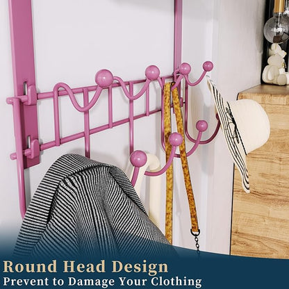 Consumest Over The Door Hooks Organizer - Extra Long Door Hanger with 9 Coat Hooks & 2 Mesh Basket, Back Storage Organizer Hanging Towels for Bathroom, Bedroom - Pink (for 1.76 in Doors)
