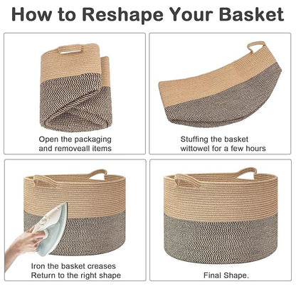 65L Large Blanket Basket,19.7"L x 19.7"W x 13"H Rope Woven Baskets with Handles, Toys Storage Bins,Laundry Basket Perfect for Living Room, Nursery,Bedroom,Home Organization,Black&Light Grey