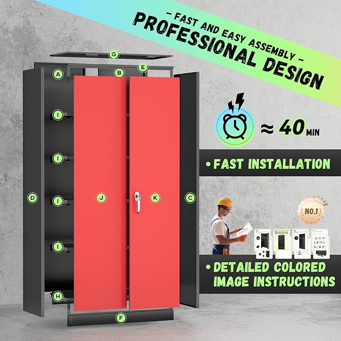 SUNCROWN 72" Metal Storage Cabinet - Heavy-Duty Metal Garage Cabinet with 4 Adjustable Shelves & 2 Doors for Tools, Office, Home, Workshop,Black & Red