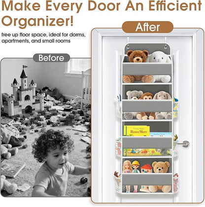 WISELIFE Over The Door Organizer Storage with 4 Large Pockets Door Hanging Organizer with Clear Windows behind The Door Storage for Nursery Bedroom Bathroom Pantry Closet and Baby Essentials Grey