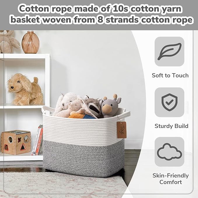 Goodpick Woven Storage Basket, Cotton Rope Baskets with Handles, Toy Baskets Storage Kids, Blanket Basket for Living Room, Bedroom, Gray and White, 18 x 14 x 12 Inches
