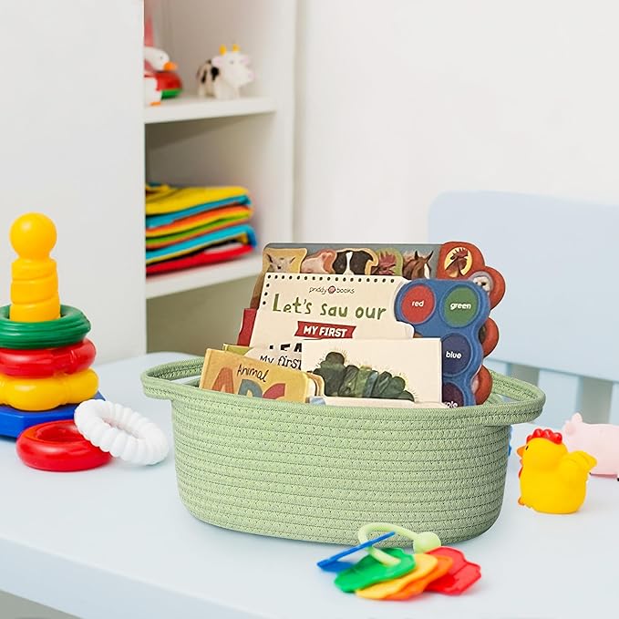 Small Woven Gift Basket, Baskets for Gifts Empty, Cotton Rope Cat Dog Toy Bin Box, Nursery Baby Basket, Wicker Basket with Handles, Shelf Storage Basket for Home Decor, Green, 12"x 8"x 5"