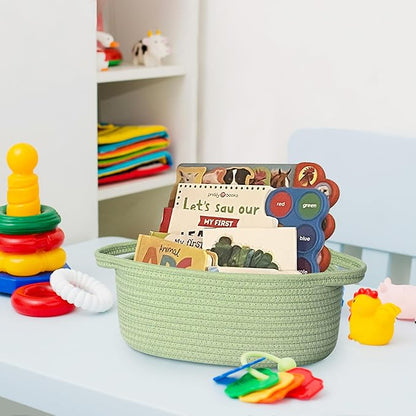 Small Woven Gift Basket, Baskets for Gifts Empty, Cotton Rope Cat Dog Toy Bin Box, Nursery Baby Basket, Wicker Basket with Handles, Shelf Storage Basket for Home Decor, Green, 12"x 8"x 5"