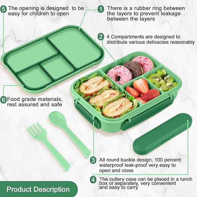 Lunch Box Kids,Bento Box Adult,Leakproof Lunch Containers for Adults/Kids/Toddler,1200ML-4 Compartments bento Lunch box with Utensil,Microwave & Dishwasher & Freezer Safe (Cyan)