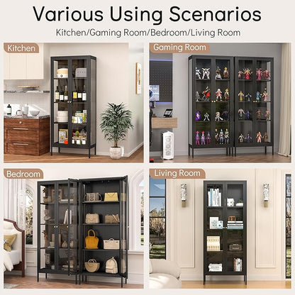 Display Cabinet with 3 Side Tempered Glass, 66" Tall Curio Cabinet with Glass Doors, Black Display Case for Collectibles, Metal Storage Cabinet & Bookcase for Living Room, Assemble Required