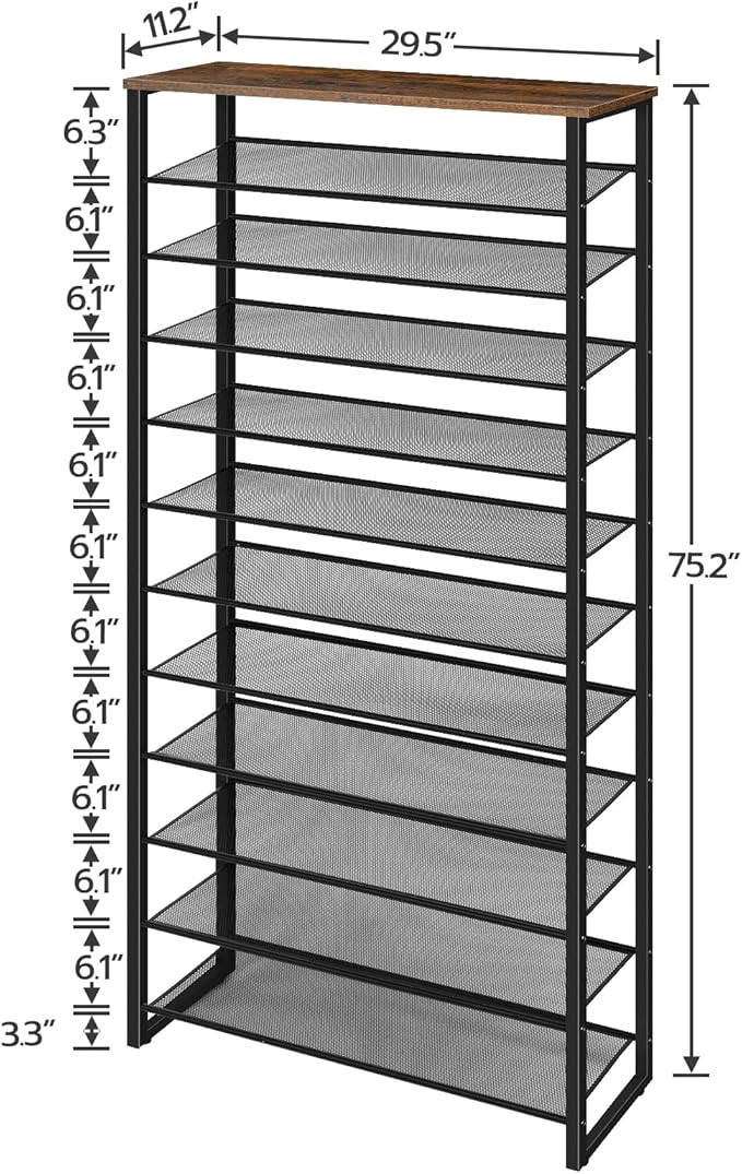 HOOBRO 12-Tier Shoe Rack for Entryway, 29.5" L Shoe Storage Organizer, Large Capacity Shoe Shelf for Closet, Front Door Entrance, Hallway, Holds 36-48 Pairs of Shoes, Rustic Brown and Black BF127XJ01