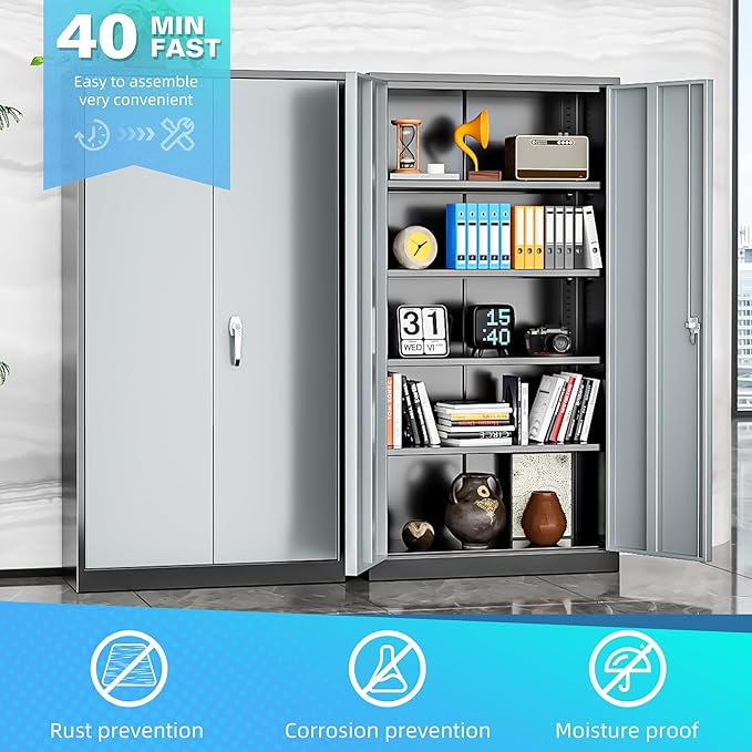 Bonusall Garage Cabinet with Lock, 2 Doors Metal Tool Cabinets with 4 Adjustable Shelves, Lockable Steel Cabinet for Home Office, Warehouse，School(Black Grey)