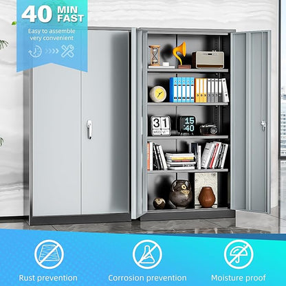 Bonusall Garage Cabinet with Lock, 2 Doors Metal Tool Cabinets with 4 Adjustable Shelves, Lockable Steel Cabinet for Home Office, Warehouse，School(Black Grey)