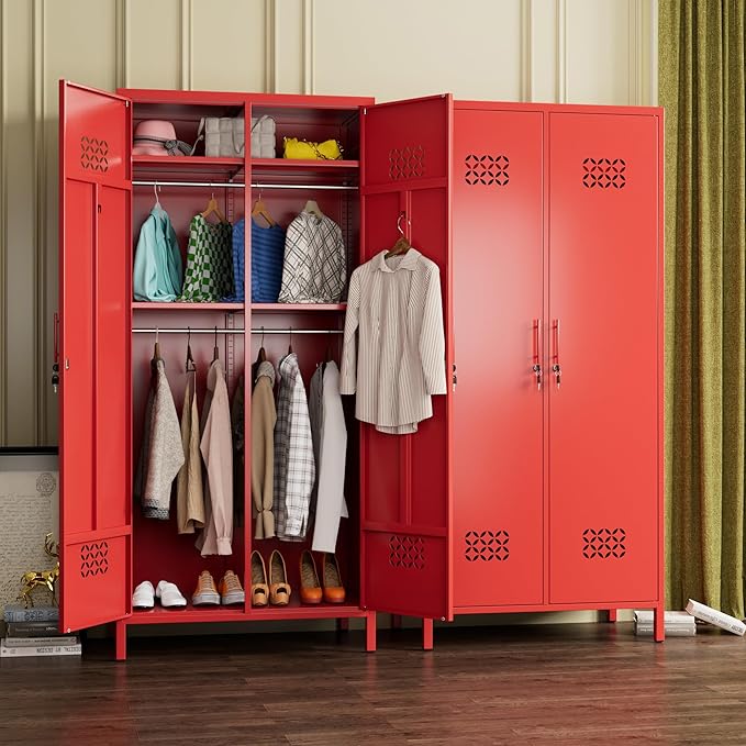 Aobabo Metal Wardrobe Closet with 2 Doors, Metal Wardrobe Cabinet with 4 Adjustable Shelves and 2 Hannging Rods, Storage Locker for Home, Red, Assembly Required