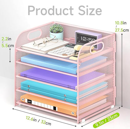 2 Pack 5 Tier Paper Organizer, Letter Tray with Handle, Mesh Desk Organizer, Metal File Organizer, Office Desk Accessories for Home, Office, Classroom, School -Pink