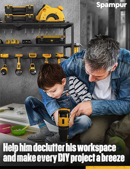 Power Tool Organizer, 15 Min Quick Assembly & Max 420lbs load by Heavy Duty Metal, 4 shelves 8 Slots for Cordless Drill in Garage/Workshop/Pegboard/Shed Suitable for Father's Day