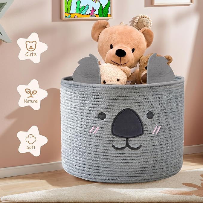 OMERAI Animal Koala Basket, Cute Cotton Rope Woven Large Blanket Basket, Toy Storage for Nursery decor and Laundry Organizer with Handles, baby hamper shower gift, 15"D x 12.6"H, Grey
