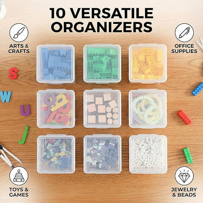 10 Pack Small Clear Storage Bins with Lids - Stackable Plastic Organizer Boxes for Crafts, Art Supplies, Jewelry, Beads, Office Tools - 3.54x3.54x4.53 Inch – Square Medium
