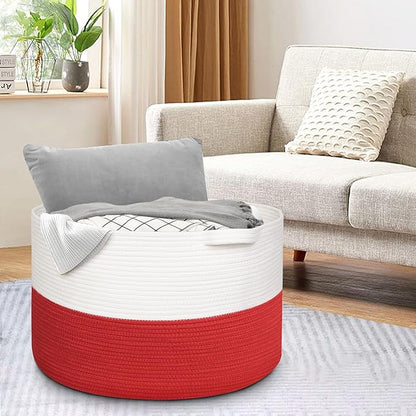 Large Red Baskets for Storage, 22x14 Wicker Woven Storage Basket, Blanket Organizer, Kids Toy Bin Box, Bathroom Beach Towel Basket, Basket for Gifts Decor, Fireplace Living Room Decoration