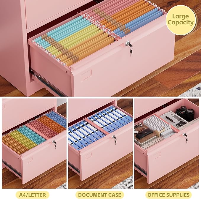 Metal Lateral File Cabinet, 30.24" H Lockable Files Cabinet, Ins Design Office Cabinet with 2 Drawers, Assembly Required