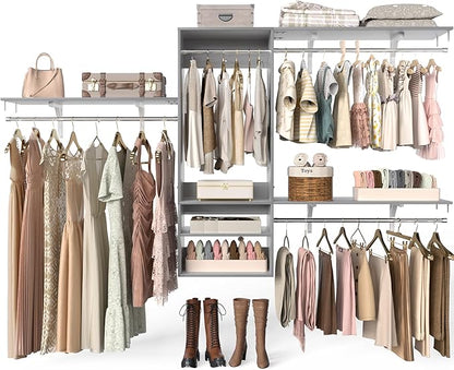 96 Inch Hanging Closet System, 8 FT Closet Organizer System with Hanging Rod, Walk In Mounted Closet System, Built-In Clothes Garment Rack with 3 Shelving Towers(Can Be Cut To Fit), Gray