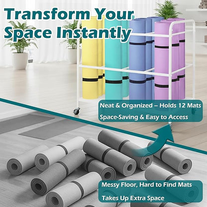 Yoga Mat Rack Storage Basket with Wheels,All-in-One Organizer for Yoga Mat Holder,Home Gym Equipment Storage Cart for Dumbbells, Kettlebells and Foam Rollers