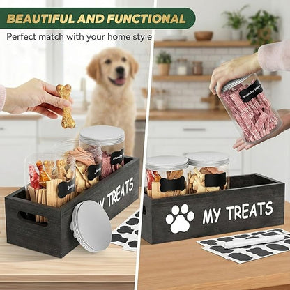 Dog Treat Container Airtight Storage Jars Set of 3 - Clear Plastic Pet Treat Canister with Lids - Dog Food Container for Countertop Organization (grey)